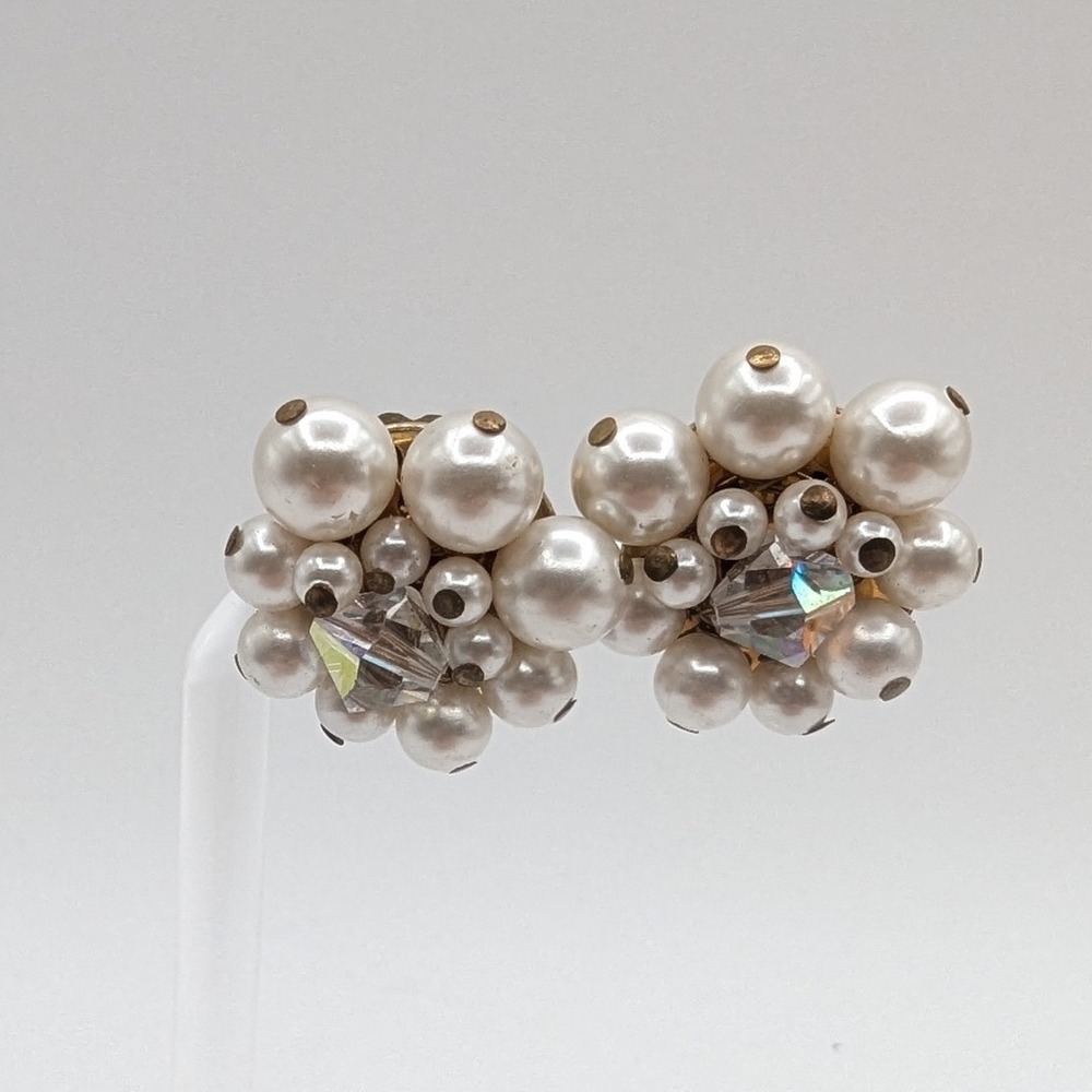 Vintage Japan Faux Pearl AB Crystal Cluster Clip On Earrings Gold Tone Round